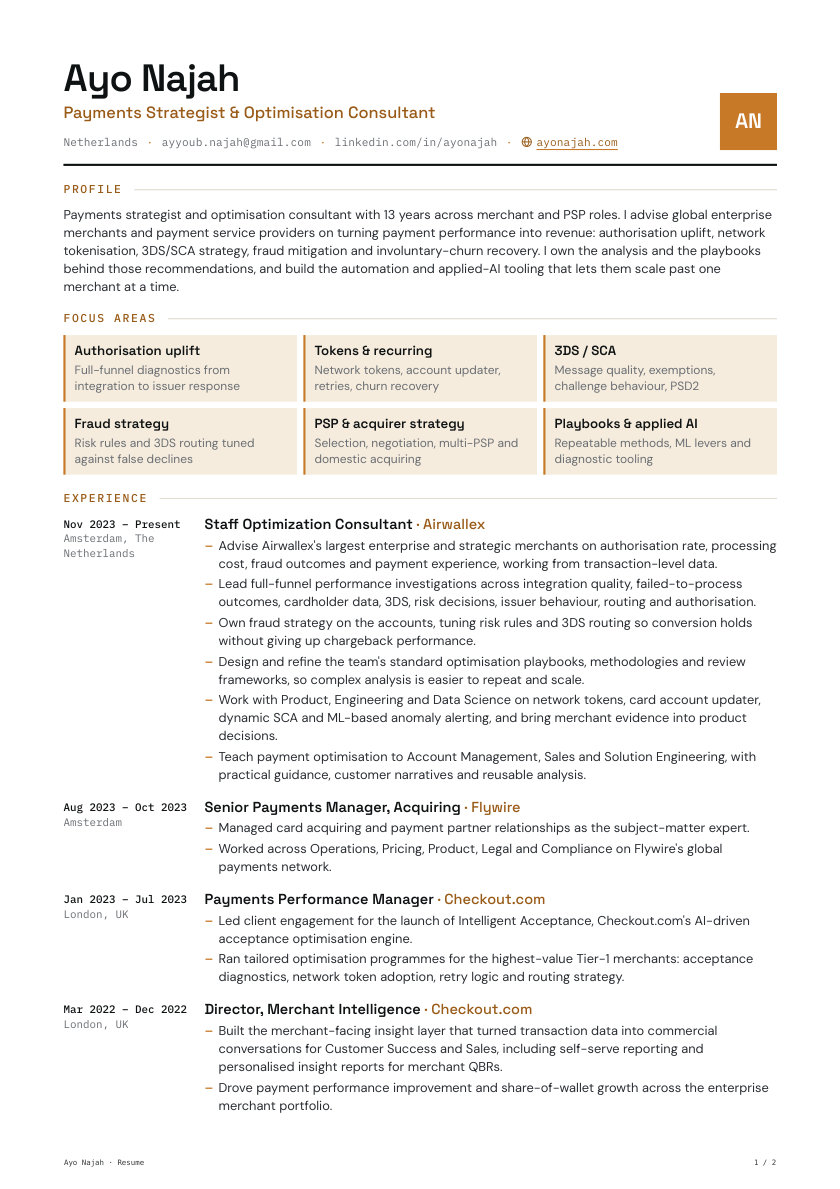 2-page resume, first-page preview